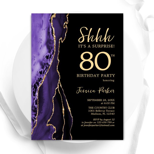 Invitation Purple Black Gold Agate Surprise 80e anniversaire (Créateur téléchargé)