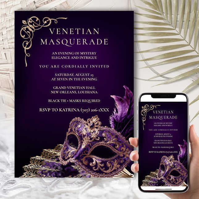 Invitation Purple Black Masquerade Ball Elegant Venetian  (Créateur téléchargé)