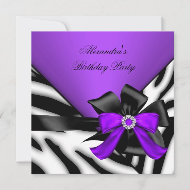Invitation Purple Black Zebra Strip Bow fête d'anniversaire (Devant)