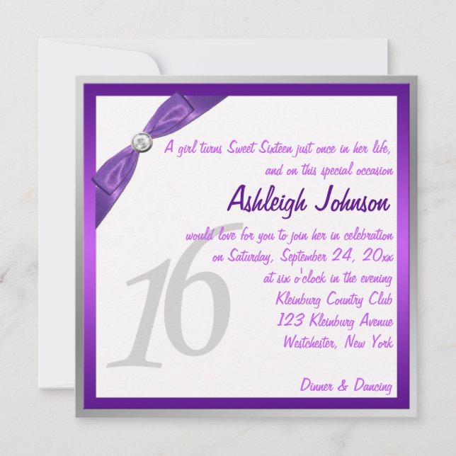 Invitation Purple, blanc et argent avec Crystal Sweet 16 (Devant)