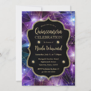 Invitation Purple & Bleu Minuit Crystal Galaxy Quinceanera