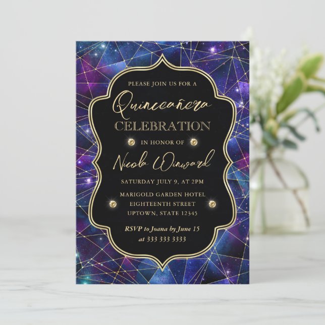 Invitation Purple & Bleu Minuit Crystal Galaxy Quinceanera (Debout devant)