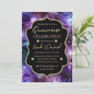 Invitation Purple & Bleu Minuit Crystal Galaxy Quinceanera