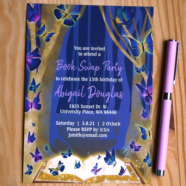 Invitation Purple, Bleu, Or Éclats Forêt Magique (Blue and purple enchanted forest book swap birthday party, magical book and butterflies)