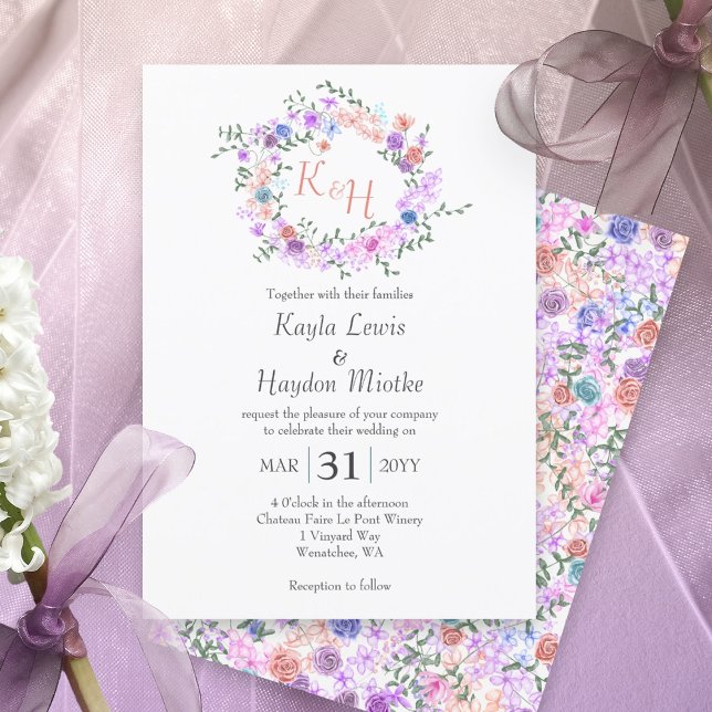 Invitation Purple, Bleu, Rose, Peach Rose Mariage Wreath (pastel spring springtime flowers pink purple blue mauve colorful wedding invitations roses wreath)