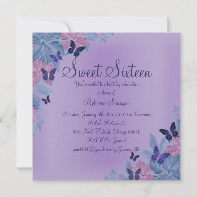 Invitation Purple & Bleu Shimmer Butterfly Sweet 16 Invitatio (Devant)