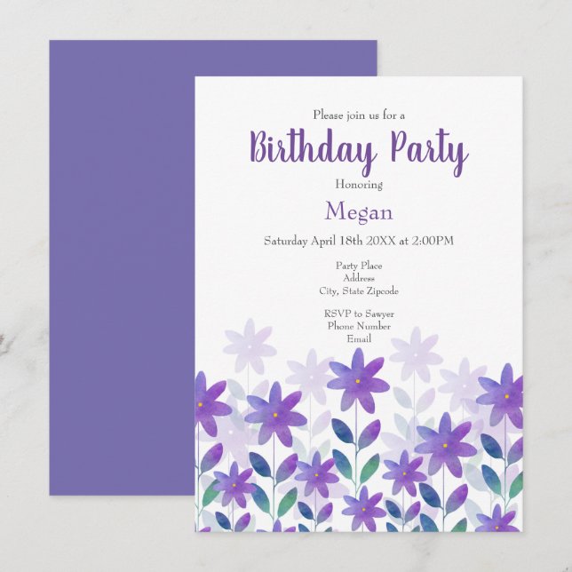 Invitation Purple bleu vert aquarelle Jardin Invitat (Devant / Derrière)