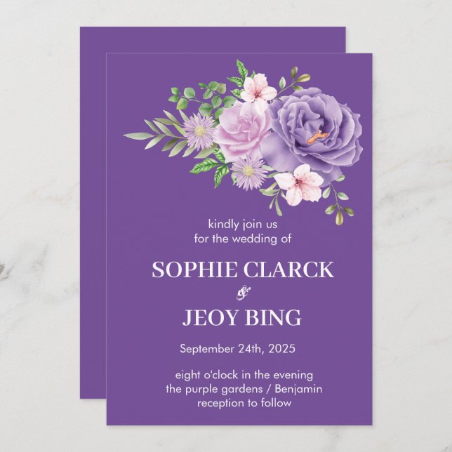 Invitation Purple Blooms Dusty Rose Floral Mariage (Devant / Derrière)
