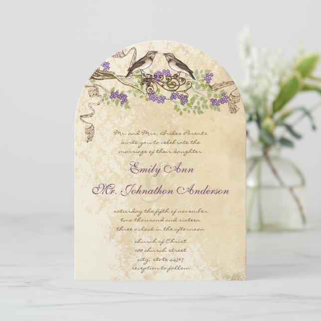 Invitation Purple Blooms verts Feuilles Vintages Mariages d'o (Debout devant)