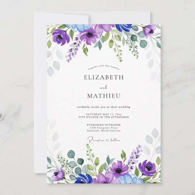 Invitation Purple Blue Ethereal Botanical Wedding (Devant)