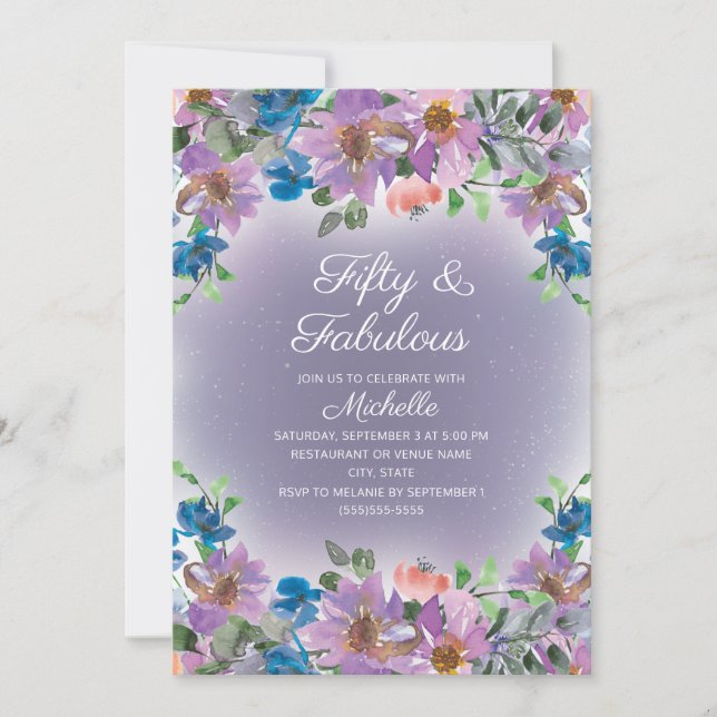 Invitation Purple Blue Floral Femme Cinquante Fabuleux Annive (Devant)