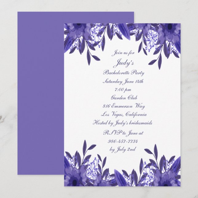 Invitation Purple Blue Floral Folial Bachelorette Party (Devant / Derrière)