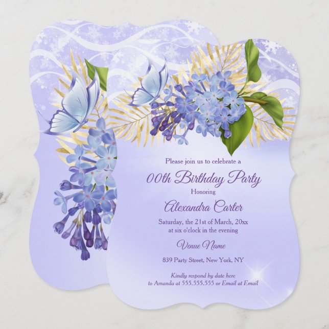 Invitation Purple Blue Floral Joli papillon fête d'anniversai (Devant / Derrière)