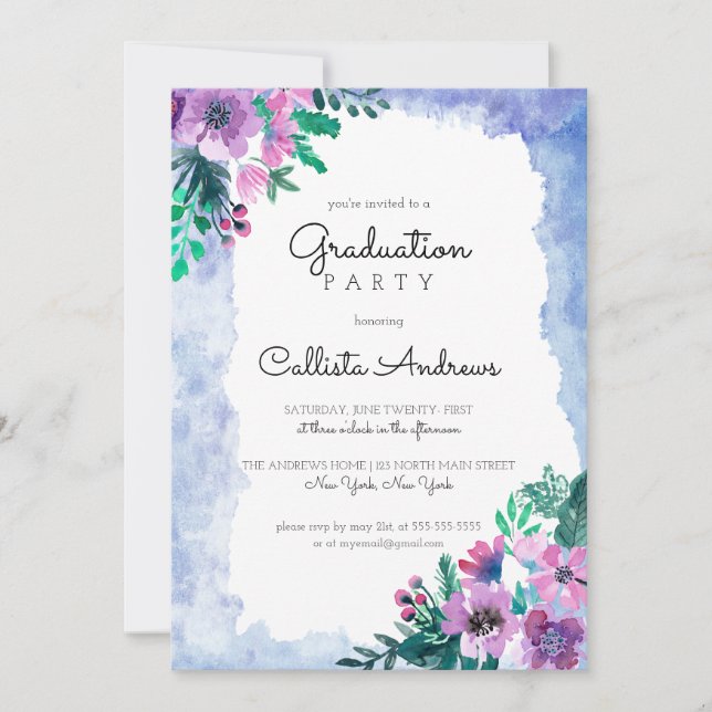 Invitation Purple Blue Floral Watercolor Party (Devant)