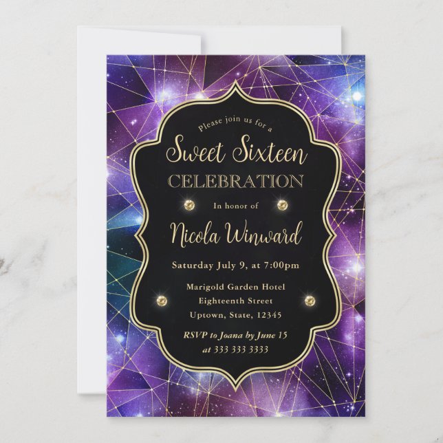 Invitation Purple & Blue Midnight Crystal Galaxy Sweet 16 (Devant)