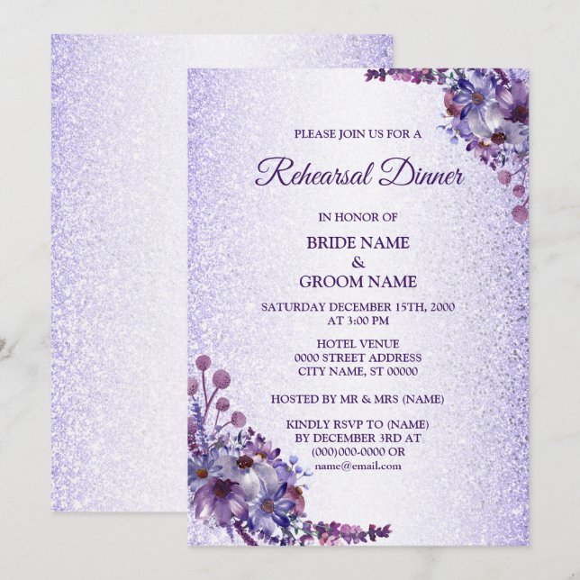 Invitation Purple Blue Pink Floral Glitter Rehearsal Dinner (Devant / Derrière)
