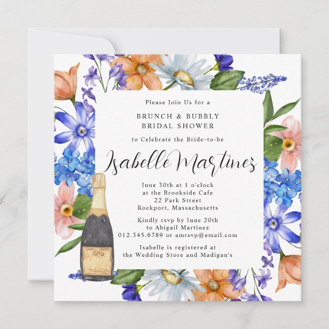 Invitation Purple Blue Rose Floral Brunch & Bubbly Douche (Devant)