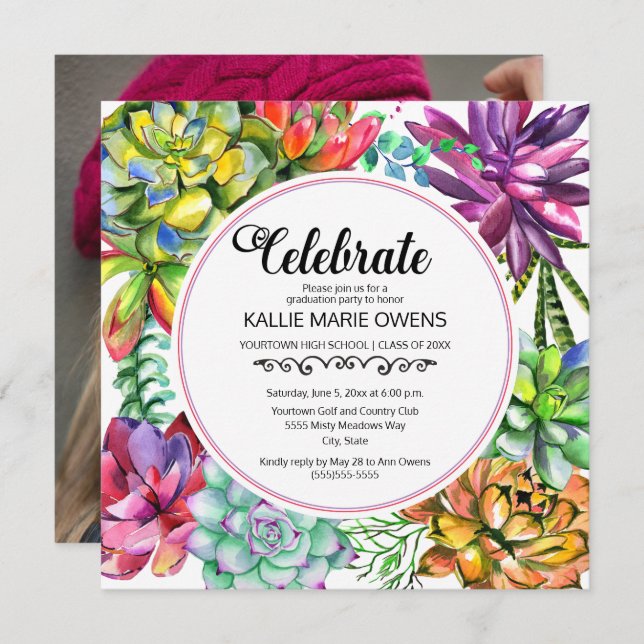 Invitation Purple Blue Succulents Botanique Graduation Photo (Devant / Derrière)