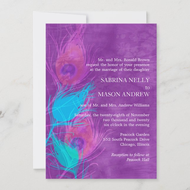 Invitation Purple Blue Turquoise Rustic Peacock Thème Mariage (Devant)