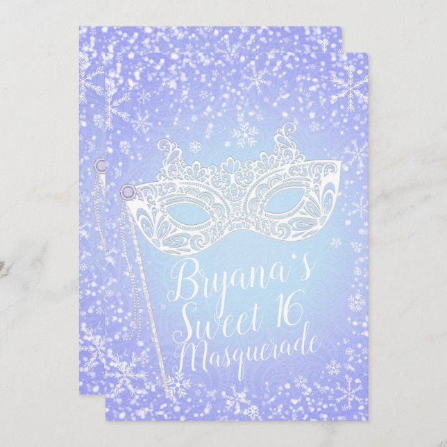 Invitation Purple Blue Winter Wonderland Masquerade Sweet 16 (Devant / Derrière)