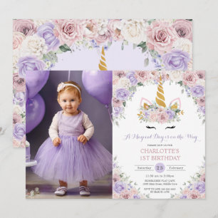 Invitation Purple Blush Blanc Floral Unicorn Anniversaire Pho