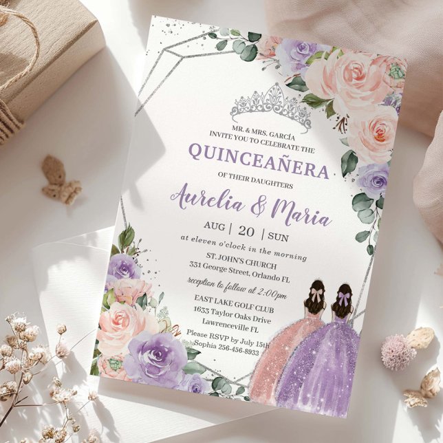 Invitation Purple Blush Floral Rose Twins Argent Quinceañera (Créateur téléchargé)