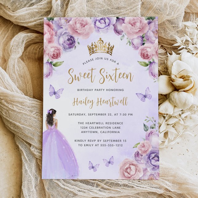 Invitation Purple Blush or Floral Aquarelle Sweet 16 Partie (Créateur téléchargé)