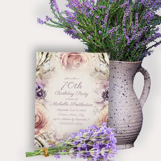Invitation Purple Blush Pink Butterflies 70e anniversaire (Créateur téléchargé)