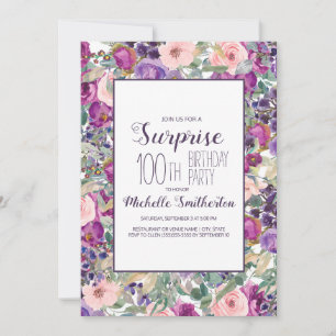Invitation Purple Blush Rose Floral Feuilles 100e anniversair