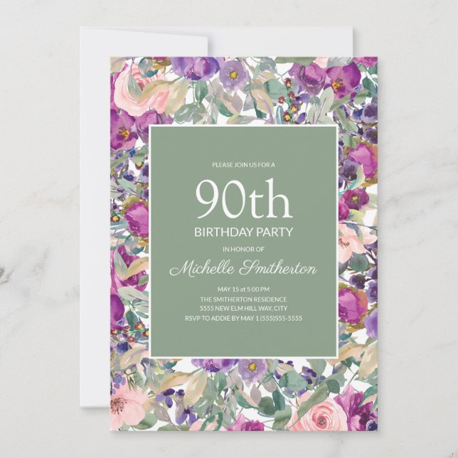 Invitation Purple Blush rose floral Sage Vert 90e anniversair (Devant)