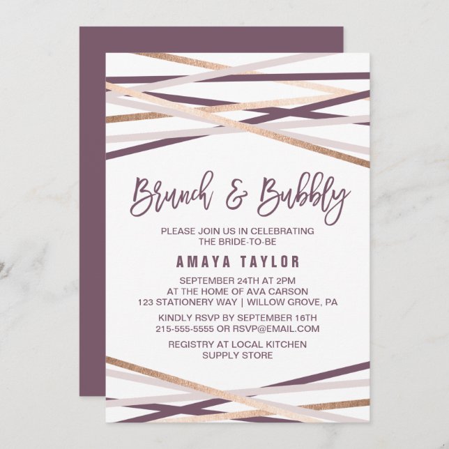Invitation Purple Blush & Rose Gold Streamers Brunch & Bubbly (Devant / Derrière)