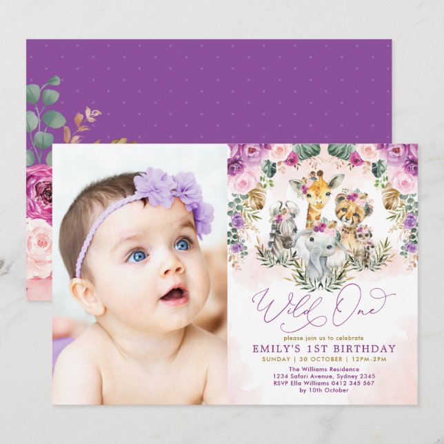Invitation Purple Blush Wild One Jungle Animaux 1er anniversa (Devant / Derrière)