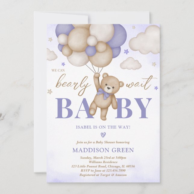 Invitation Purple Boho Bear Girl Baby Shower (Devant)