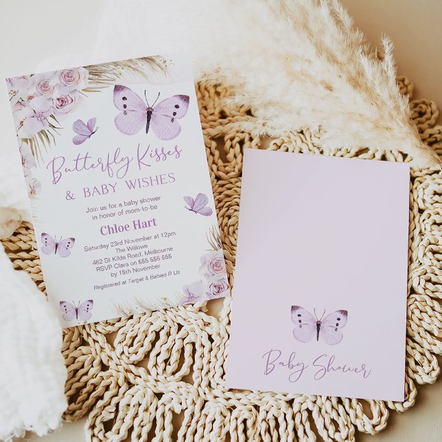 Invitation Purple Boho Floral Butterfly Baby shower Baisers (Purple Butterflies Baby Shower Invite Girl, Boho Floral Butterfly Kisses Invitations Online Editable)
