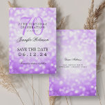 Invitation Purple Bokeh 70th Birthday Enregistrer la date<br><div class="desc">Un élégant design "70th Birthday Party" avec un Bokeh violet,  nom personnalisé,  et texte de détails. Facile à utiliser et facile à personnaliser. Commandez aujourd'hui !</div>