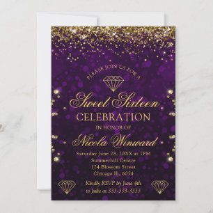 Invitation Purple Bokeh & Gold Parties scintillant Sweet 16