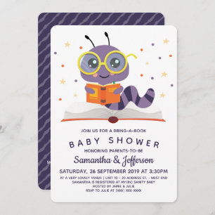 Invitation Purple Bookworm Baby shower de livre