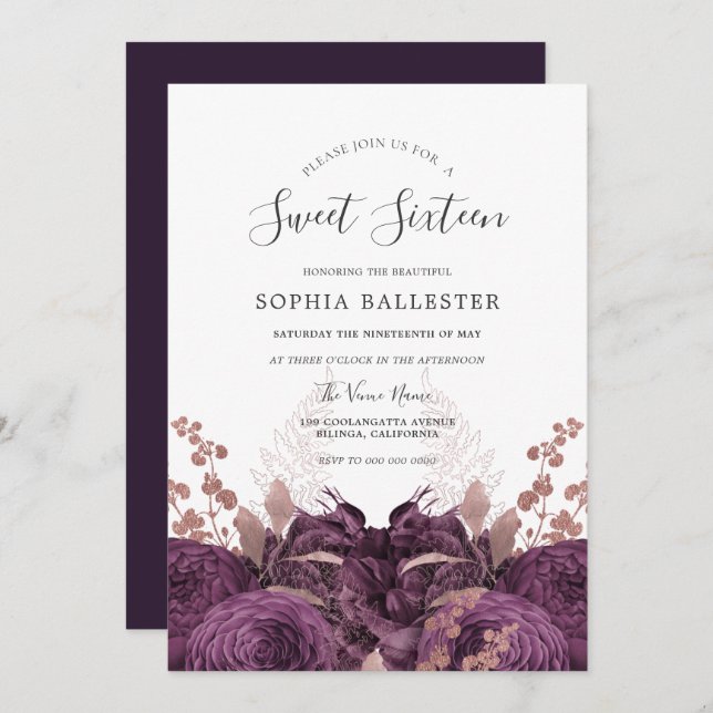 Invitation Purple Bourgogne Floral Élégant Sweet 16 Party (Devant / Derrière)