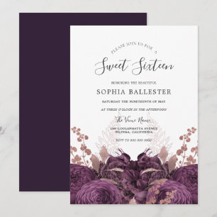 Invitation Purple Bourgogne Floral Élégant Sweet 16 Party