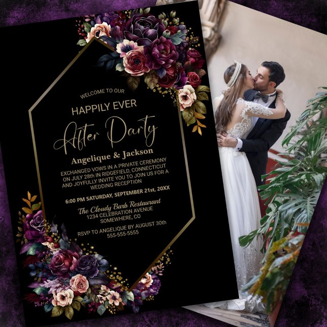 Invitation Purple Bourgogne Floral Noir Mariage après la fête (Créateur téléchargé)