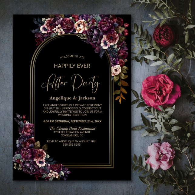 Invitation Purple Bourgogne Floral Noir Mariage après la fête (Créateur téléchargé)
