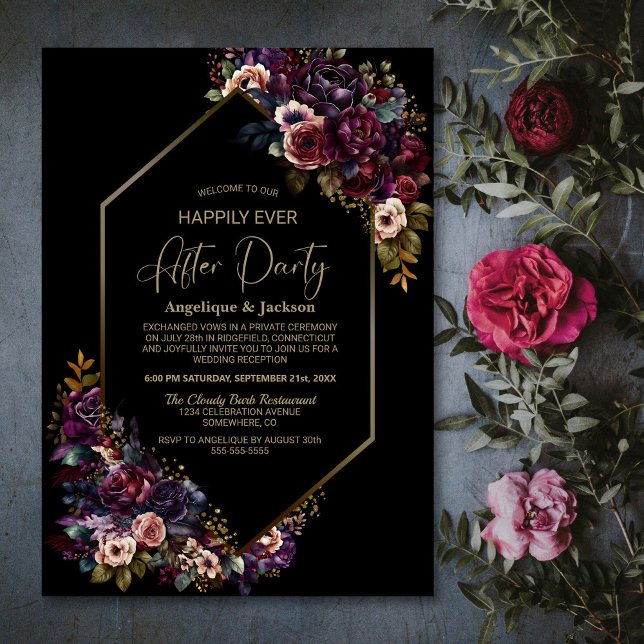 Invitation Purple Bourgogne Floral Noir Mariage après la fête (Créateur téléchargé)