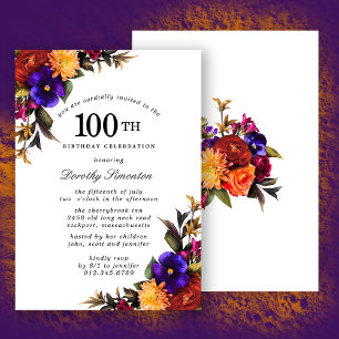 Invitation Purple Bourgogne jaune Floral 100e fête d'annivers