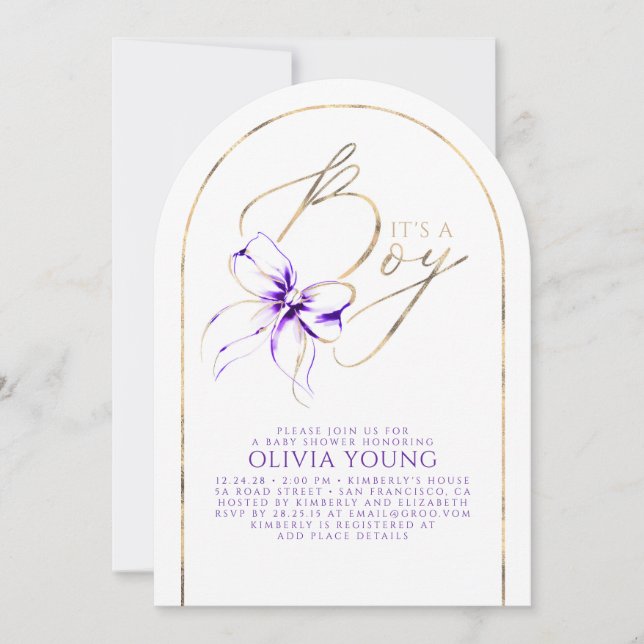 Invitation Purple Bow Elegant Modern Baby Shower Boy (Devant)