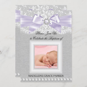 Invitation Purple Bow & Lace Photo Baptême/Invitation Christe