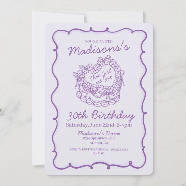 Invitation Purple Bow Retro Coquette gâteau Coquette Annivers (Devant)