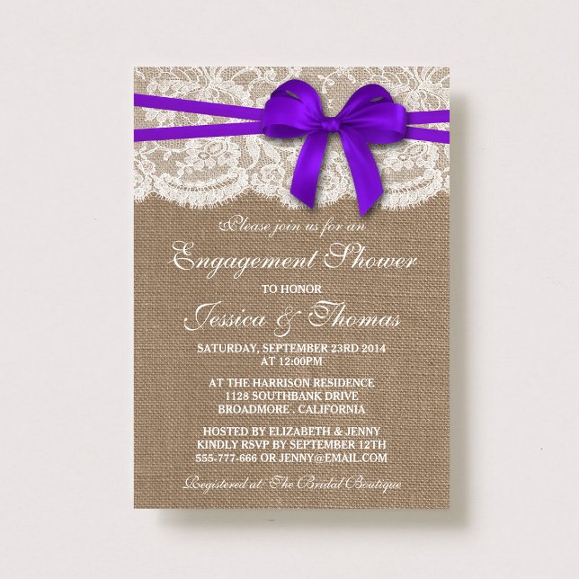 Invitation Purple Bow Rustic Burlap & dentelle Fiançailles do (Créateur téléchargé)