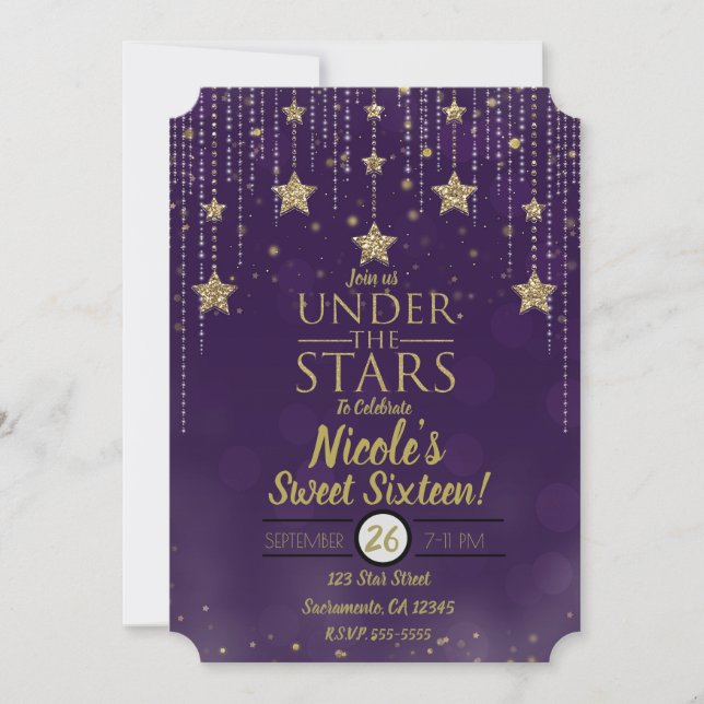 Invitation Purple & Bronze Sous Les Étoiles Starry Sweet 16 (Devant)
