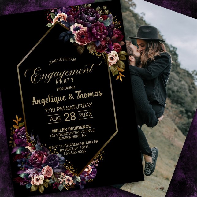 Invitation Purple Burgundy Floral Black Engagement Party (Créateur téléchargé)