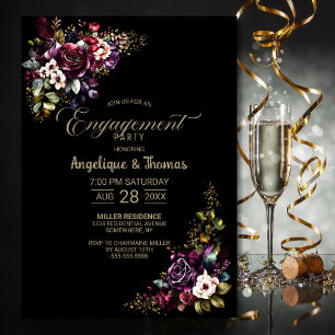 Invitation Purple Burgundy Floral Black Engagement Party